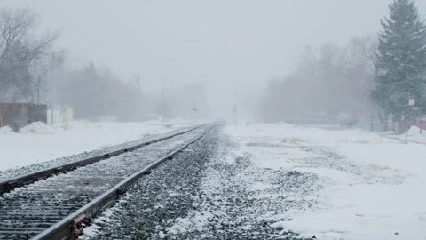 Snow Storm Train Tracks Winter Landscape Video Stock Footage 332361523