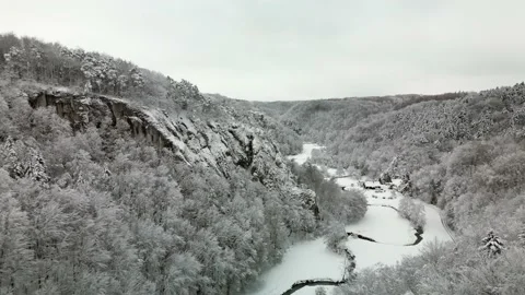 Snow valley with river in the forest Stock Footage 231261827