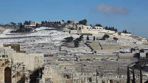 Snow on the wall of Jerusalem and Mount Scopus, Israel Stock Footage 33527665