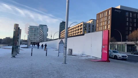 Snow Winter Berlin Wall from Cold War Frozen Spree EastGate Friedrichshain-Kreuz Stock Footage 327665535