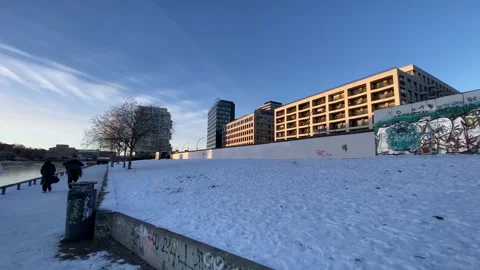 Snow Winter Berlin Wall from Cold War Frozen Spree EastGate Friedrichshain-Kreuz Video stock 327665626
