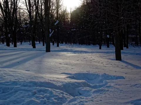 Snow in the yard in the spring in the light of the sun Stock Photos