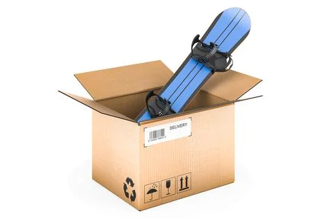 Snowboard inside cardboard box, delivery concept. 3D rendering Stock Illustration