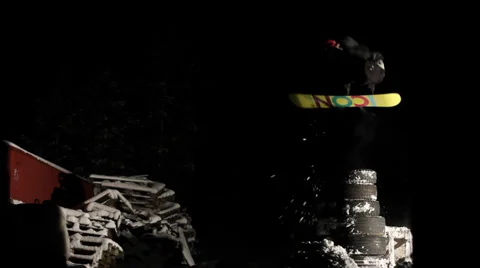 Snowboard Jump in the dark with lights 库存影片 35040277