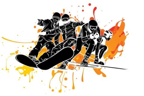 Snowboard jump isolated icons. Winter sports at kids holiday. Parents and Stock Illustration