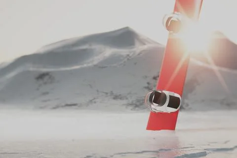 Snowboard in snow. Sun god rays over the mountain. Stock Illustration