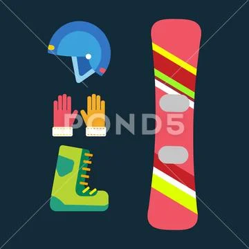 Snowboard sport clothes tools elements helmet glove boots element snowboarding Stock Illustration