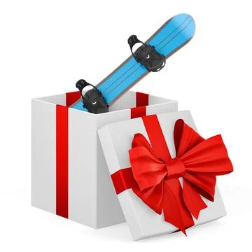 Snowboard with strap-in bindings inside gift box, present concept. 3D renderi Stock Illustration