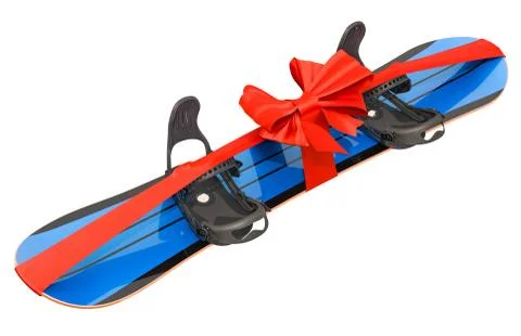 Snowboard with strap-in bindings wrapped ribbon and bow, gift concept. 3D ren Stock Illustration