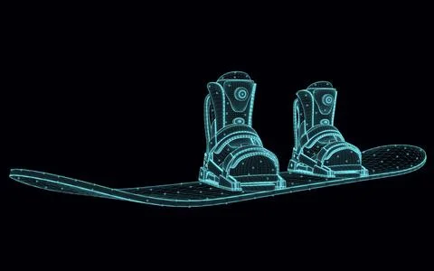 Snowboard wireframe with boots from blue lines isolated on dark background. 3 Stock Illustration