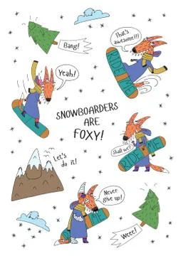 Snowboarder Fox Stickerlist Stock Illustration