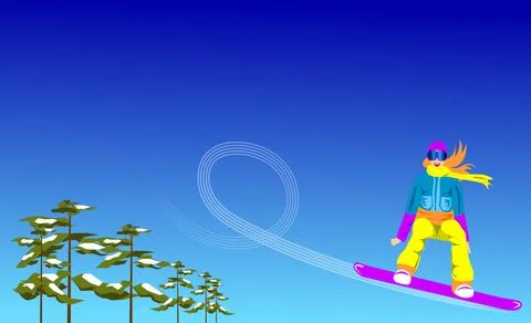 Snowboarder hovering in the air and pine trees. Stock Illustration