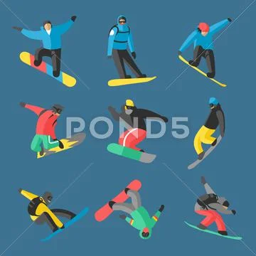 Snowboarder jump in different pose on background Stock Illustration