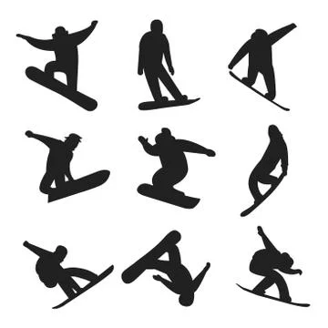 Snowboarder jumping different pose black and white icons on background Stock Illustration