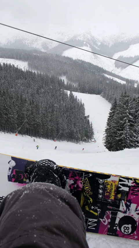 Snowboarder point of view from the slope Stock Footage 181490868