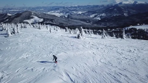Snowboarder rides between trees in the mountains, aerial shoot 스톡 동영상 127583268
