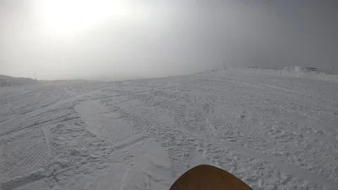 Snowboarder riding fast down a slope piste. Ylläs Lapland Finland Stock Footage 104872679