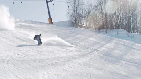 Snowboarder technically carves and performs an indie grab butter trick Video stock 158745158