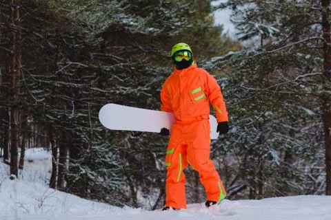 Snowboarder walking through the forest Stock Photos
