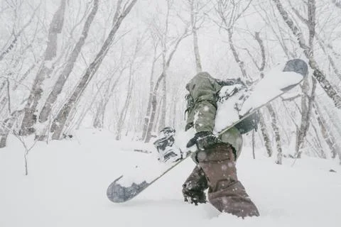 Snowboarder walking in winter forest Stock Photos