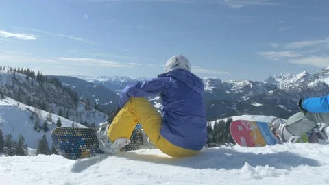 Snowboarders Preparing For Dropping Down The Piste Sunny Mountain Ski Resort Stock Footage 104114831