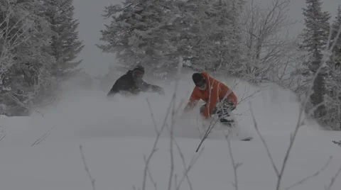 Snowboarders rides in forest Stock Footage 45236195