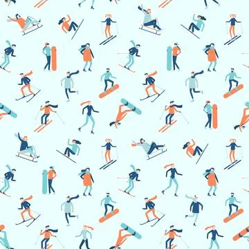 Snowboarding and skiing seamless pattern. Winter sport activities, young pe.. Stock Illustration