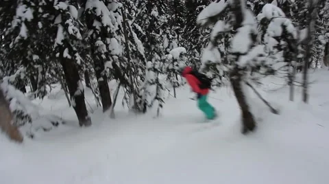 Snowboarding in forest Stock Footage 40936048