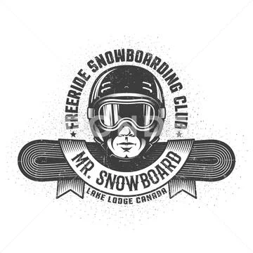Snowboarding logo with man's head in helmet and goggles Stock Illustration