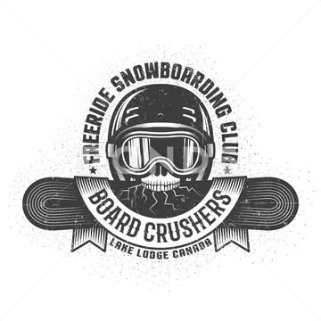 Snowboarding old school logo with skull holding cracked snowboard Stock Illustration
