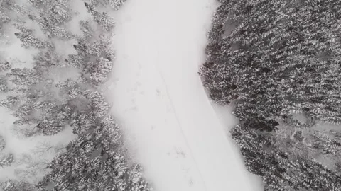 Snowboarding Ski path between snowed forest in Aomori Japan, aerial drone fly Stock Footage 323347885