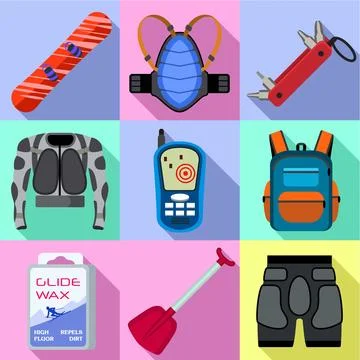 Snowboarding tools icon set, flat style Illustrazione stock