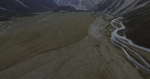 Snowcapped mountain range with Mount Cook and melting glacier valley Stock Footage 119158073