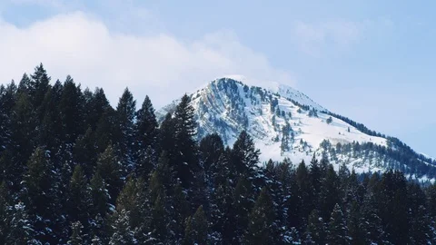 Snowcapped mountain with thick pine tree forest in foreground slow motion 스톡 동영상 129422311