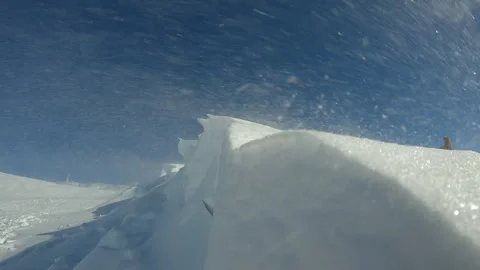 Snowdrift Sculpted by Wind Driven Ice Crystals. Arctic Storm. snow storm at sun Video stock 245704571