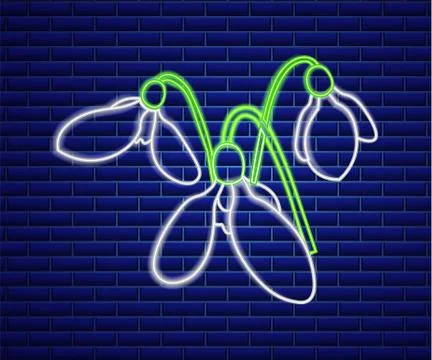 Snowdrop neon sign Vector. Spring design element. Night bright neon sign. col Stock Illustration