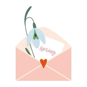 Snowdrops in envelope with hearts. First spring flowers, cartoon style. Trendy Stock Illustration