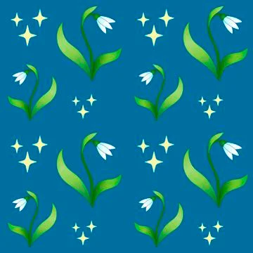 Snowdrops - seamless pattern. Snowdrop flower with leaves and bright yellow star Stock Illustration
