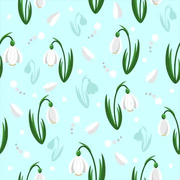 Snowdrops on turquoise blue background spring petals pattern vector Stock Illustration