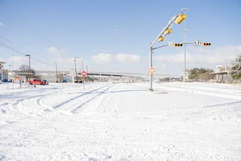 Snowed Over Intersection - Texas Winter Storm 2021 Stock Photos