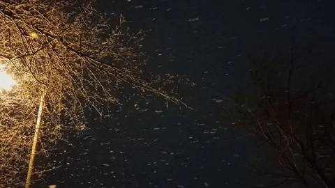 Snowfall against the background of the night sky and a yellow lantern Stock Footage 121267622