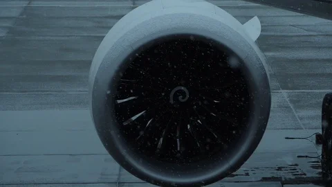 Snowfall on Airplane Engine Nacelle, Close Up, Slow Motion Stock Footage 85910531