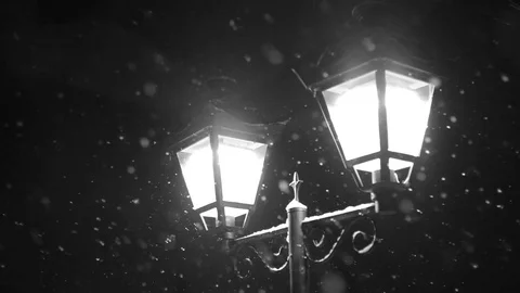 Snowfall and shining lantern at park winter night. Snowflakes falling slow down Stockbeeldmateriaal 83851872