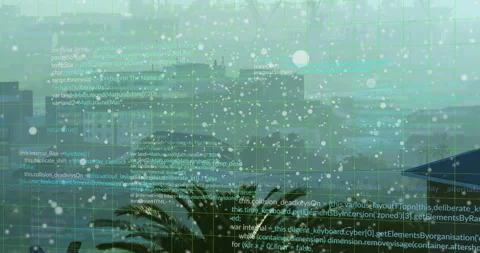 Snowfall animation over cityscape with visible programming code and palm tree Stock Footage 306285294