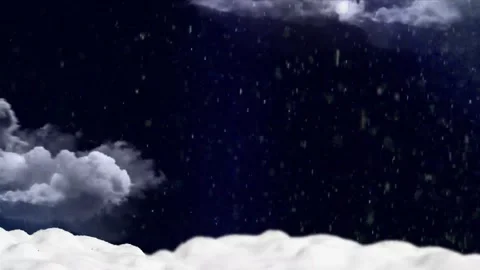Snowfall animation over white fluffy clouds against dark night sky background Stock Footage 340941650
