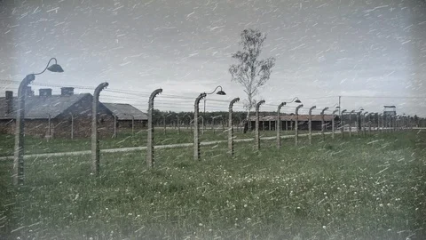 Snowfall Auschwitz Barracks in Winter, Poland Holocaust Concentration Camp Vidéo 86038444