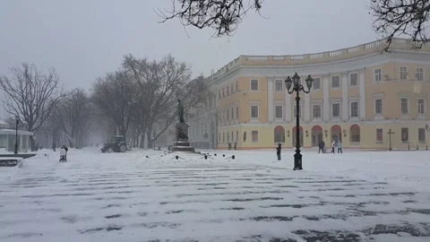 Snowfall on boulevard. Small tractor cleans snow Stock Footage 143652748