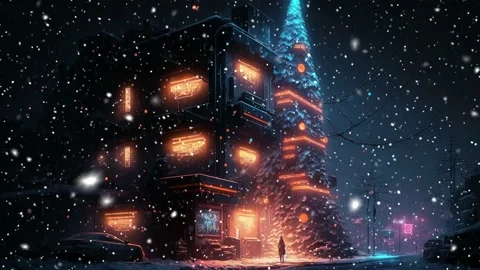 Snowfall in the city of the future. Loop. Christmas tree. Stock-Footage 235545457