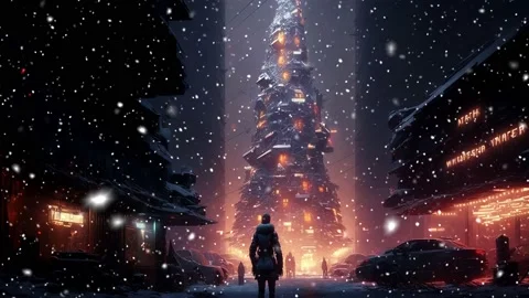 Snowfall in the city of the future. Loop. Christmas tree. Vídeo Stock 235545461
