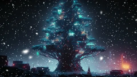 Snowfall in the city of the future. A looped snowfall. Stock Footage 235545443